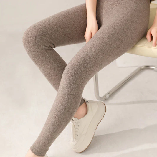 Strick-Kaschmir-Leggings mit Hoher Taille – Feinstrick Damenleggings in Neutralen Farbtönen