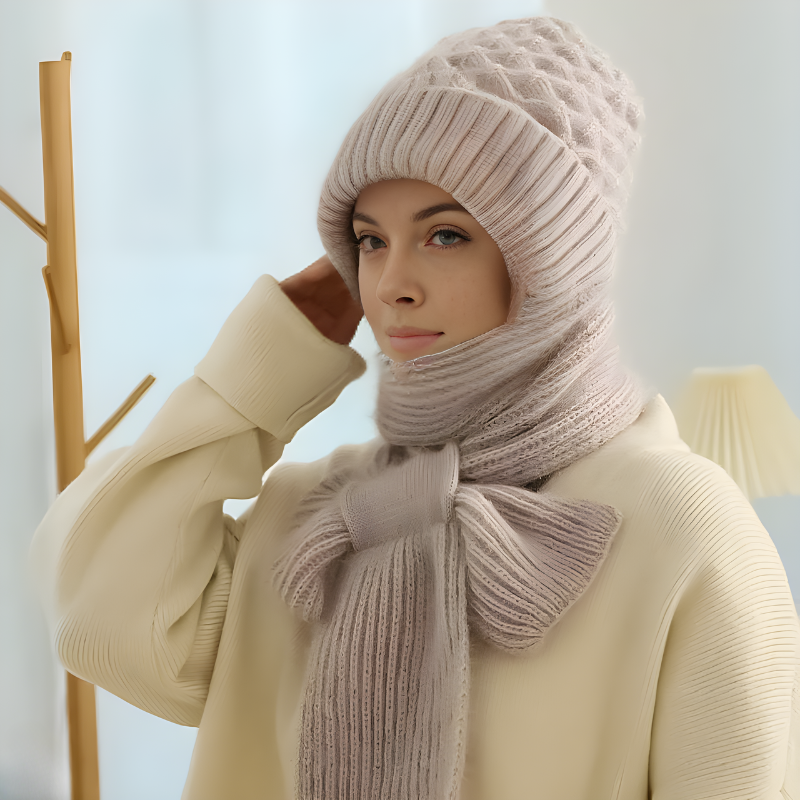 Strick-Wintermütze mit Integriertem Schal – 2-in-1 Design