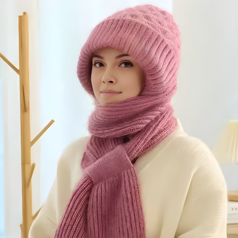 Strick-Wintermütze mit Integriertem Schal – 2-in-1 Design