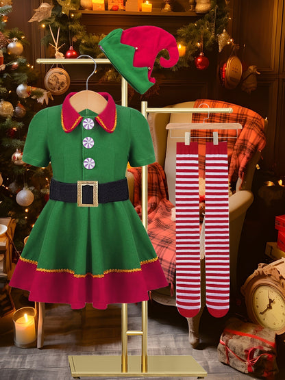 Mila's Magisches Weihnachts-Elfenoutfit für Kinder - Inklusive Kleid, Hut, Socken und Gürtel