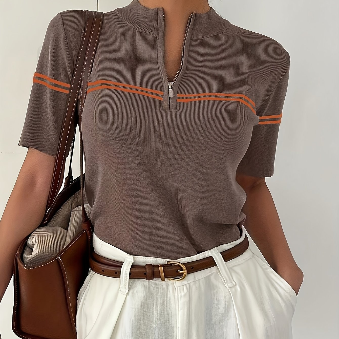 Damen Gestreiftes Polo-Shirt mit Reißverschlussdetail – Leichtes Sommer Casual Top
