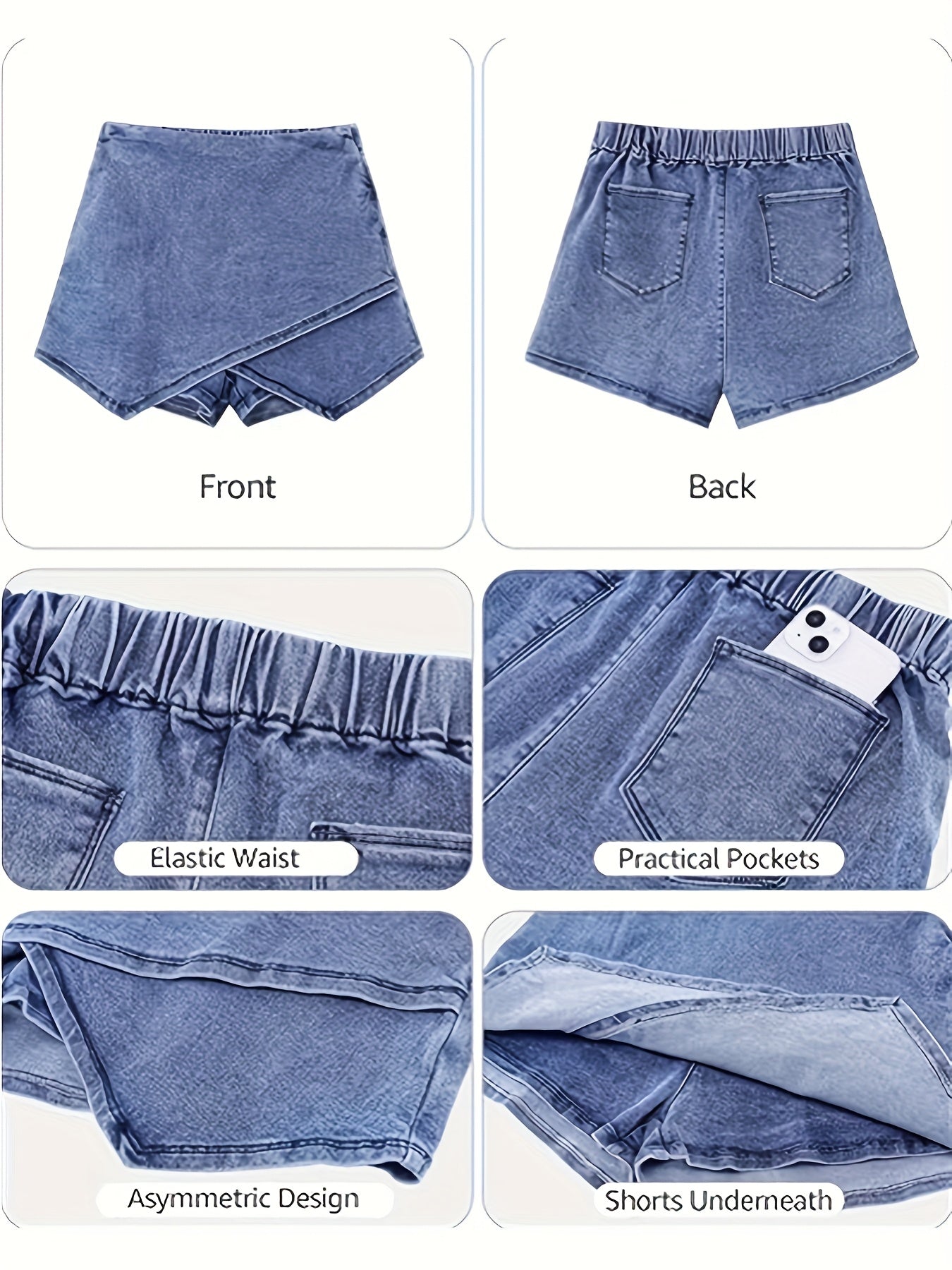 Damen Denim Rock mit Asymmetrischem Saum und Schneeflockenmuster – Rock und Shorts Kombination