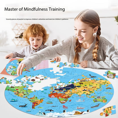 70-teiliges Tierbodenpuzzle – Rundes Weltkarten-Design für Kinder