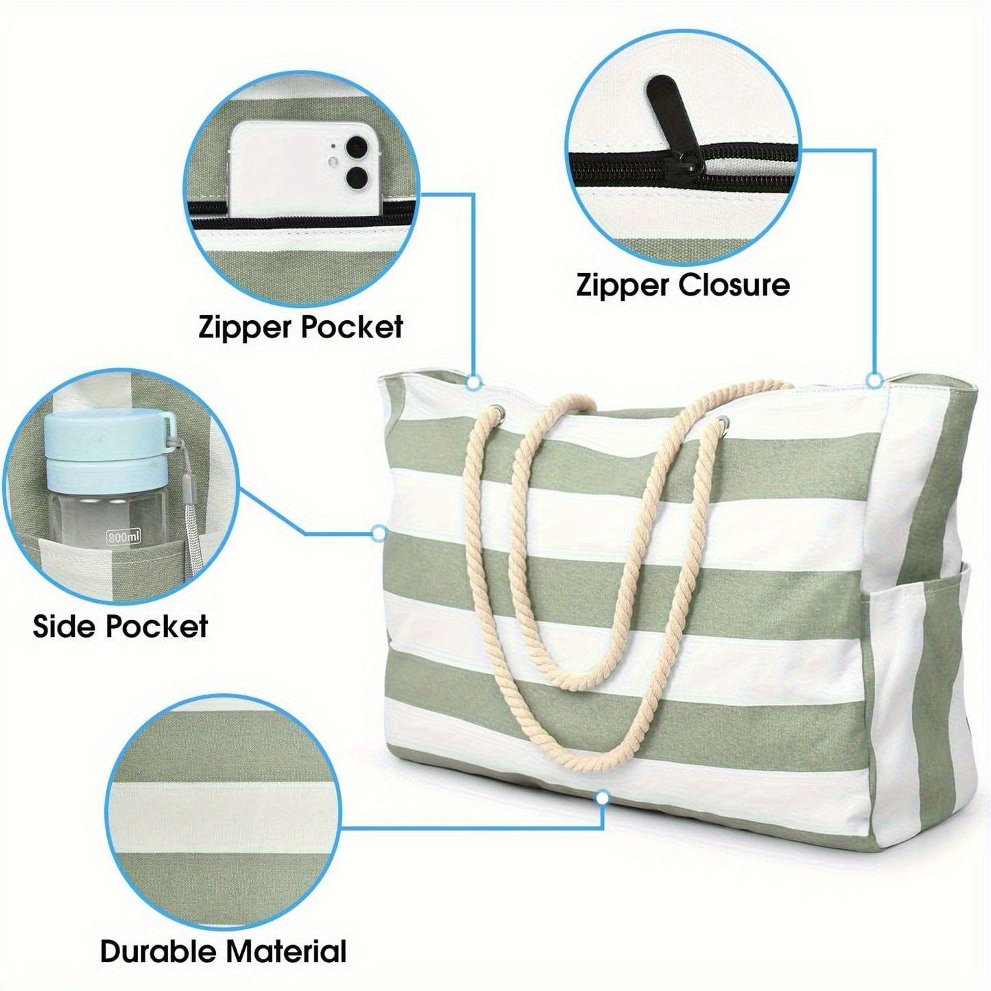 Gestreifte Strandtasche mit großem Fassungsvermögen – Langlebiges Polyester mit Reißverschluss