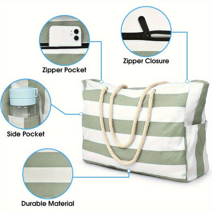 Gestreifte Strandtasche mit großem Fassungsvermögen – Langlebiges Polyester mit Reißverschluss