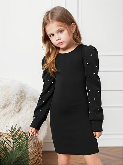 Elegante Mädchen Bodycon Kleid – Lange Ärmel mit Puffärmeln und Perlendetails