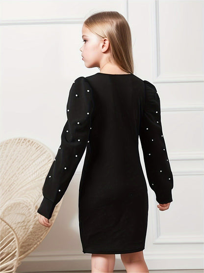 Elegante Mädchen Bodycon Kleid – Lange Ärmel mit Puffärmeln und Perlendetails