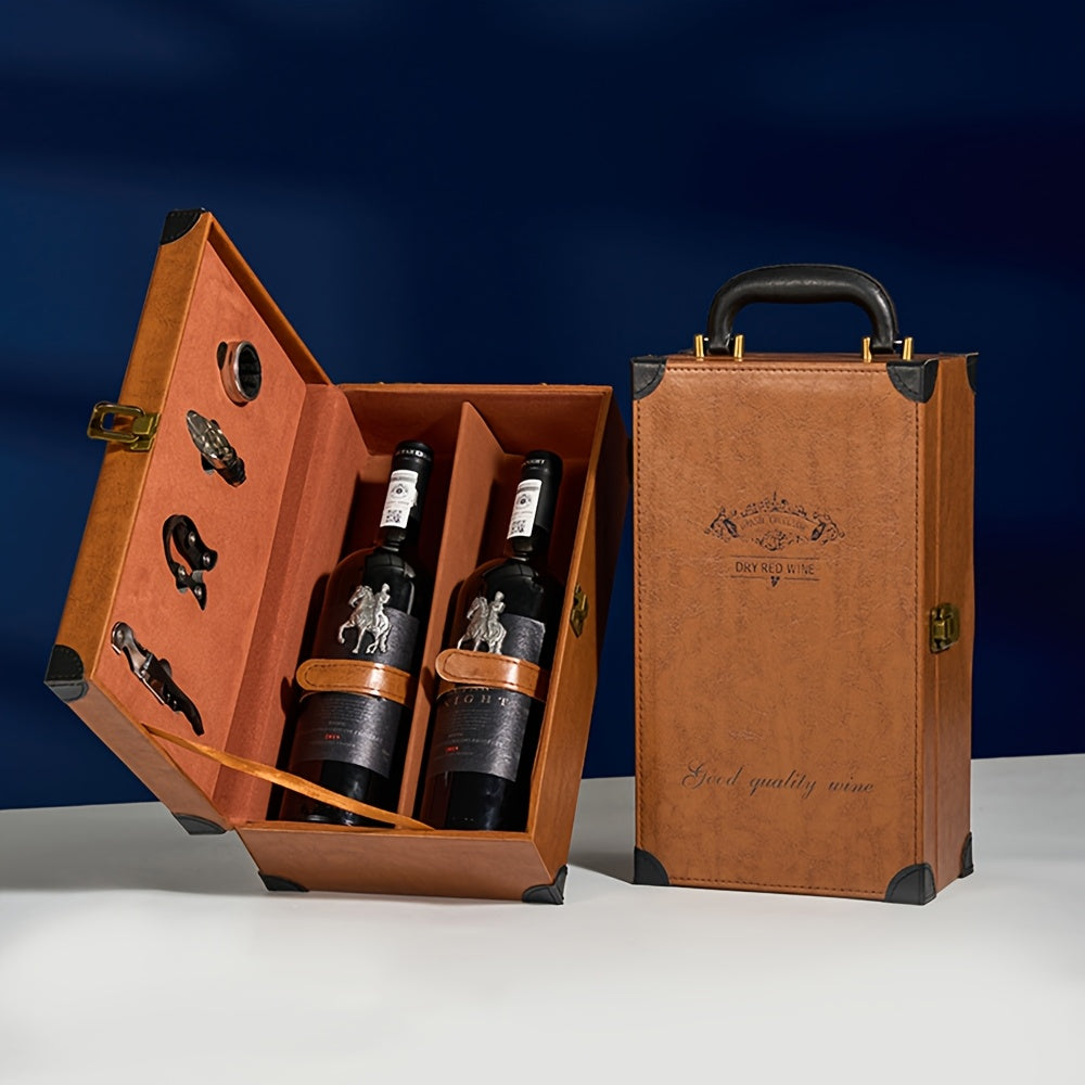 Klassischer 2-Flaschen-Weinträger mit Zubehör – Tragbare Geschenkbox