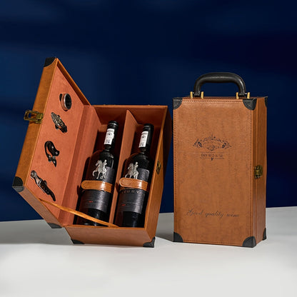 Klassischer 2-Flaschen-Weinträger mit Zubehör – Tragbare Geschenkbox