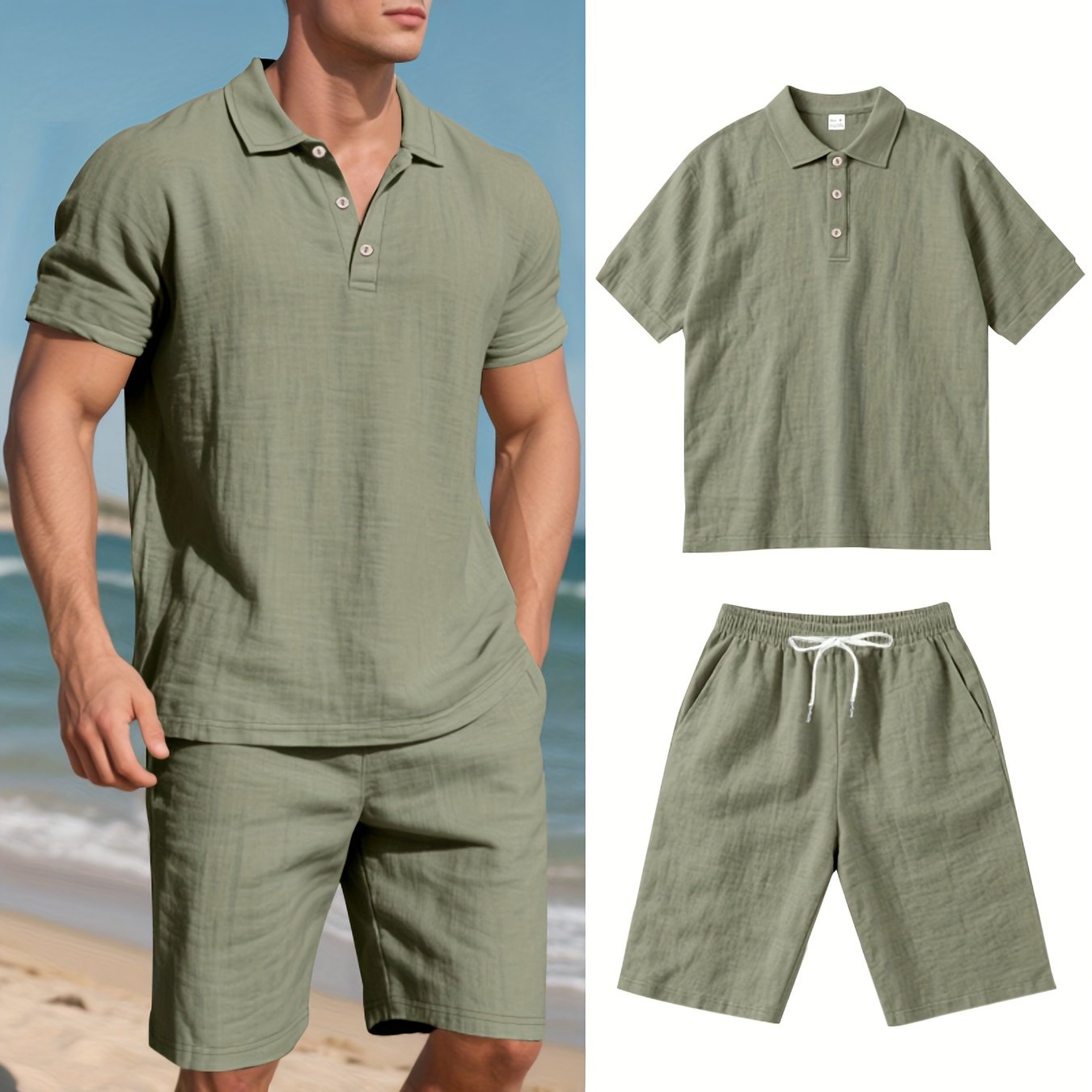 Herren Leinen Polo und Shorts Set – Bequem und Lässig für Warme Tage