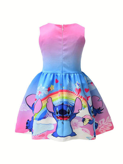 Disney Stitch Mädchen Ärmelloses Rundhalskleid mit Schleife & Blumenmuster - Leichter Polyester-Spandex