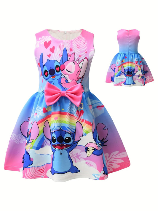 Disney Stitch Mädchen Ärmelloses Rundhalskleid mit Schleife & Blumenmuster - Leichter Polyester-Spandex