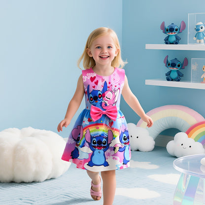Disney Stitch Mädchen Ärmelloses Rundhalskleid mit Schleife & Blumenmuster - Leichter Polyester-Spandex