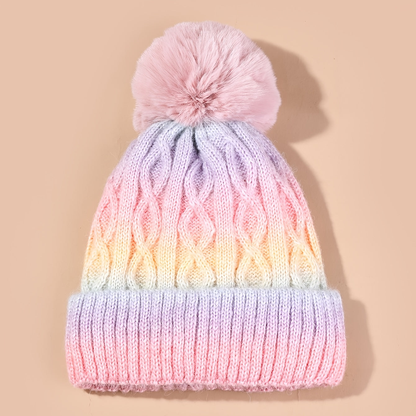 Lana Regenbogen Beanie für Mädchen – Strickmütze mit Pompon und dickem Material für den Winter