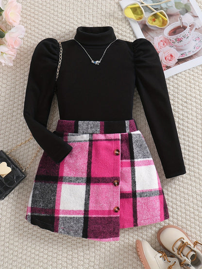 Elegantes Turtleneck Outfit für Kinder - Karorock und Pullover Set