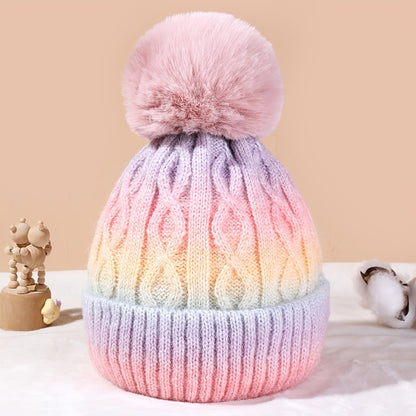 Lana Regenbogen Beanie für Mädchen – Strickmütze mit Pompon und dickem Material für den Winter