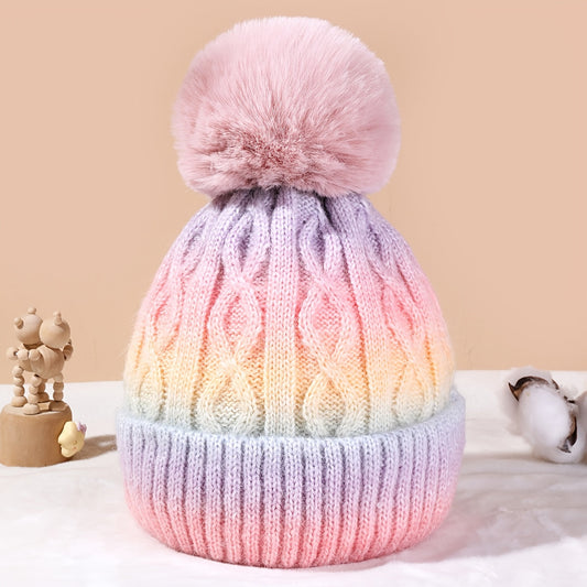 Lana Regenbogen Beanie für Mädchen – Strickmütze mit Pompon und dickem Material für den Winter