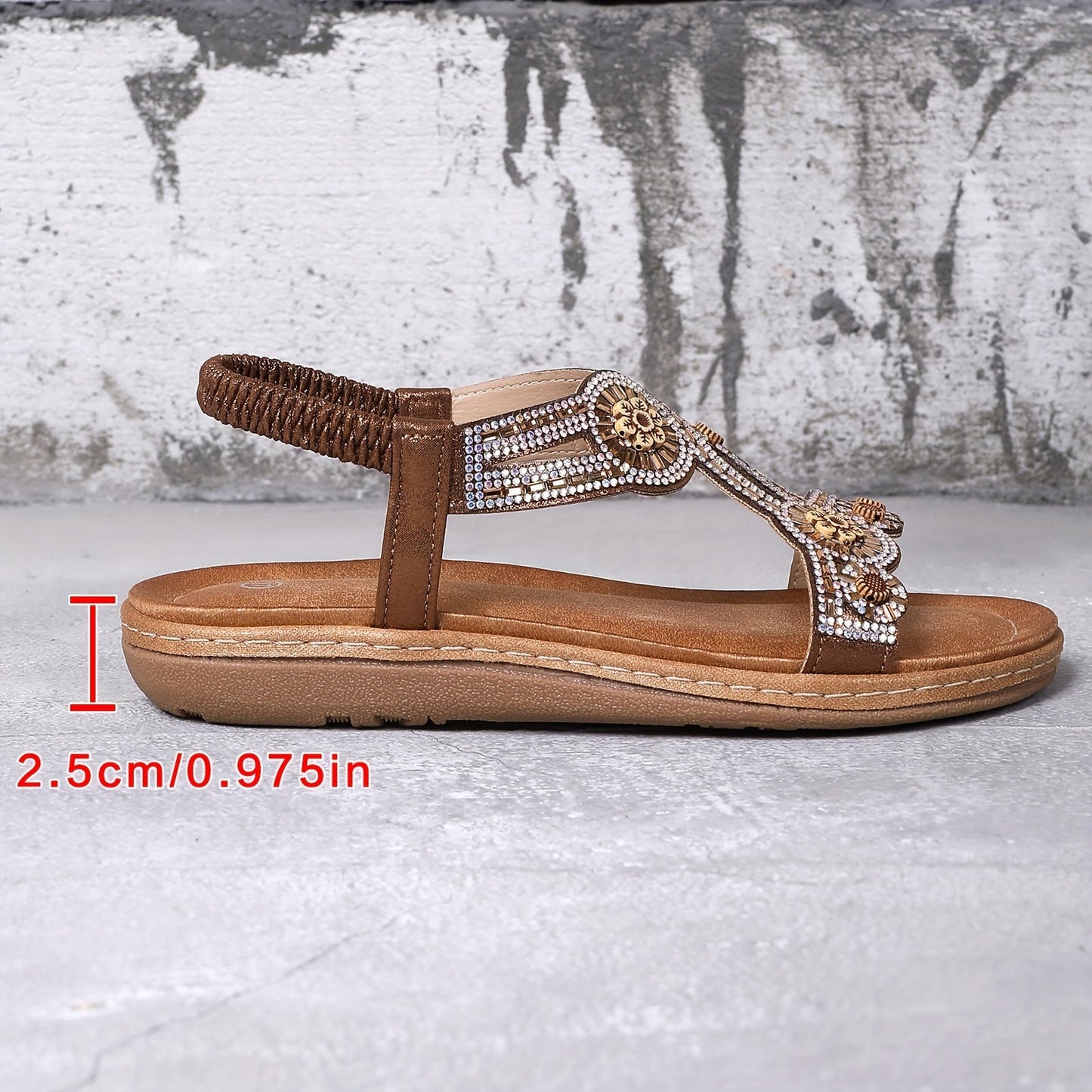Damen Flache Sandalen mit Strasssteinen und Elastischem Band im Boho-Stil