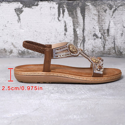 Damen Flache Sandalen mit Strasssteinen und Elastischem Band im Boho-Stil