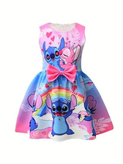 Disney Stitch Mädchen Ärmelloses Rundhalskleid mit Schleife & Blumenmuster - Leichter Polyester-Spandex