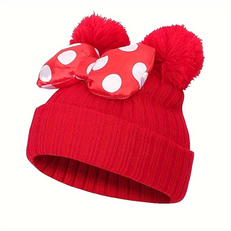 Sanne Niedlicher Minnie Hut für Kinder – Gestrickte Beanie mit Schleife und Pompons