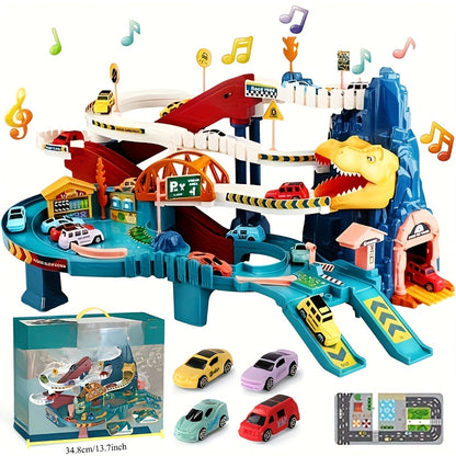 JurassicRacer Abenteuer Set - Spannende Rennbahn mit Dinosauriern und Fahrzeugen für Kinder