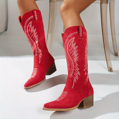 Damen Bestickte Cowboy-Stiefel mit Spitzennase und Mittelabsätzen