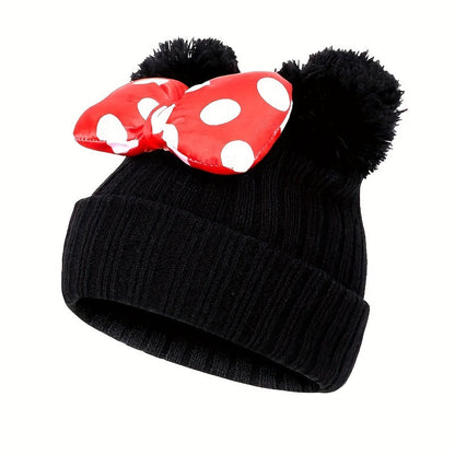 Sanne Niedlicher Minnie Hut für Kinder – Gestrickte Beanie mit Schleife und Pompons