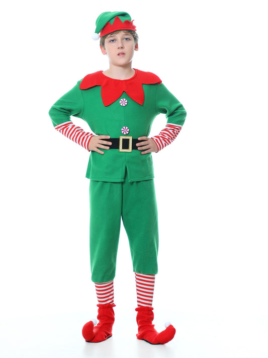 Lustiges Weihnachts-Elfen-Outfit für Kinder – Komplett mit Hut, Shirt, Hose und Schuhüberzügen