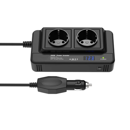 Kompakter 200W Auto-Stromwandler – Dual-Steckdosen & Quad USB