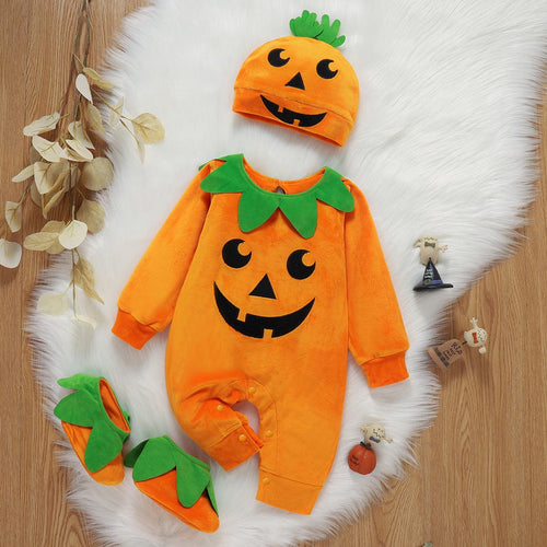 Halloween Kürbis Outfit für Kinder - Niedlicher Jumpsuit mit Mütze und Hausschuhen