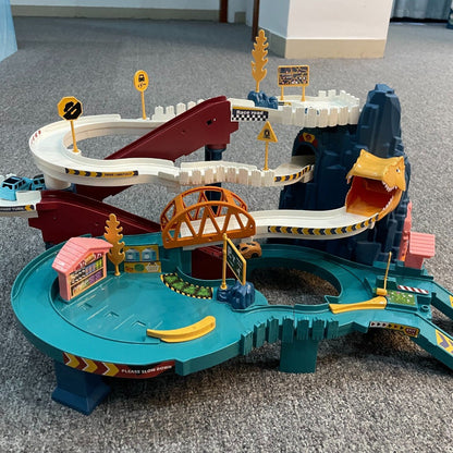 JurassicRacer Abenteuer Set - Spannende Rennbahn mit Dinosauriern und Fahrzeugen für Kinder
