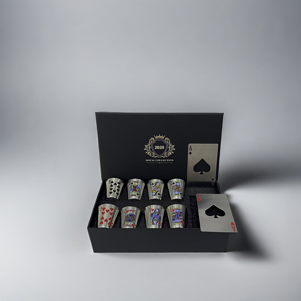 Royal Playing Card Whiskey Glass Set – Edelstahl & Flaschenöffner