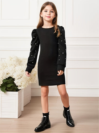Elegante Mädchen Bodycon Kleid – Lange Ärmel mit Puffärmeln und Perlendetails
