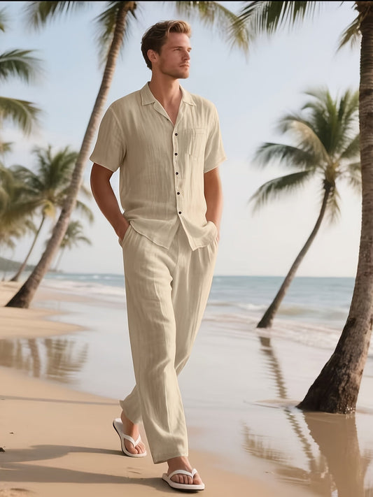 Herren Casual Leinen Set – Bequem und Luftig mit Langer Hose und Kurzen Ärmeln