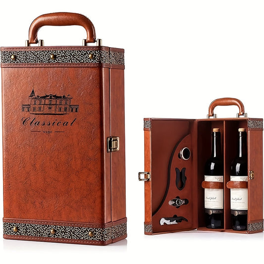 Klassischer 2-Flaschen-Weinträger mit Zubehör – Tragbare Geschenkbox