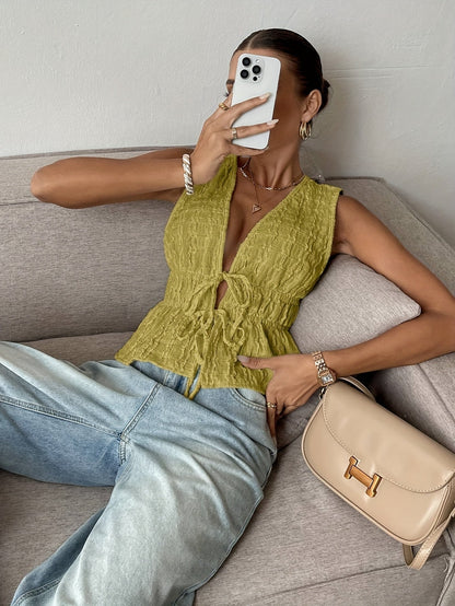 Damen Casual Elegante Ärmellose Bluse – Französisch Stilvoll mit V-Ausschnitt und Rüschen