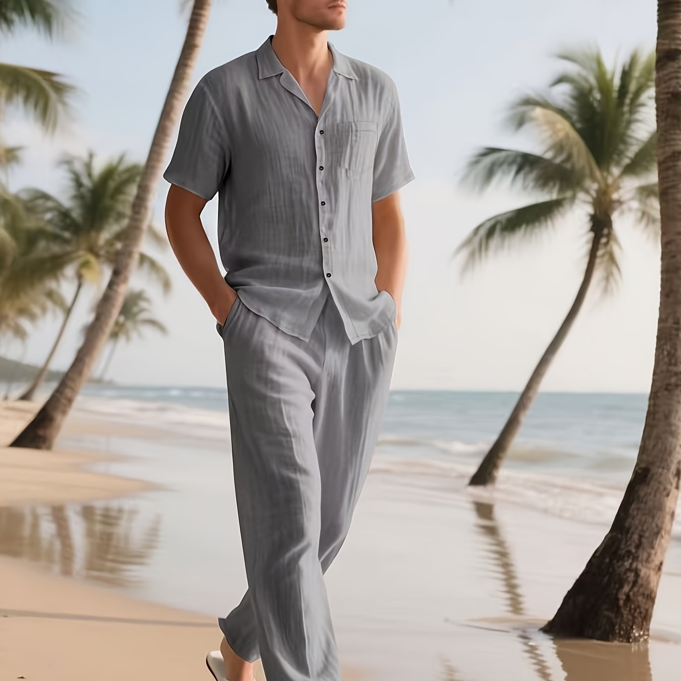 Herren Casual Leinen Set – Bequem und Luftig mit Langer Hose und Kurzen Ärmeln
