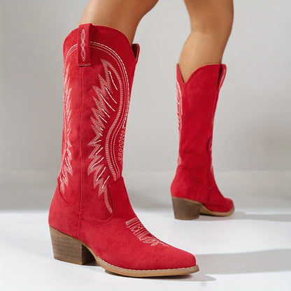 Damen Bestickte Cowboy-Stiefel mit Spitzennase und Mittelabsätzen