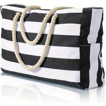 Gestreifte Strandtasche mit großem Fassungsvermögen – Langlebiges Polyester mit Reißverschluss